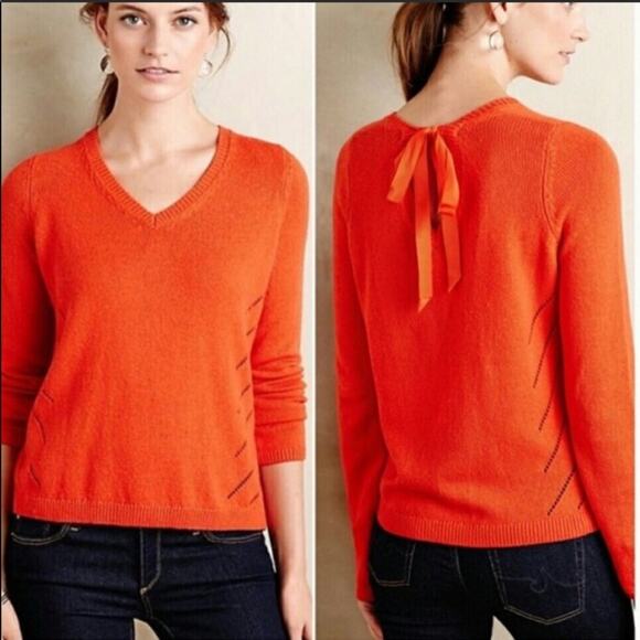 ANTHROPOLOGIE Moth Orange VNeck Tie Back Open Knit Detail Pullover Sweater M - Picture 1 of 8